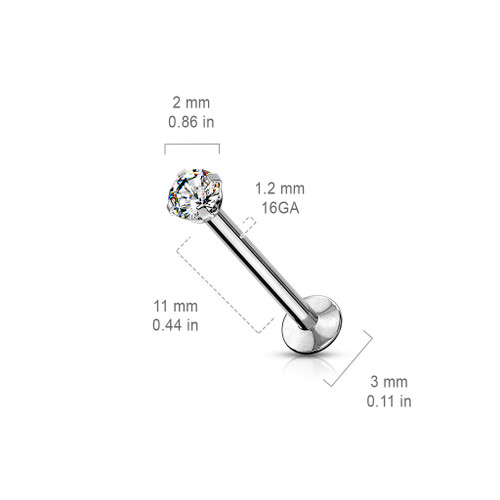 Push In Prong Set CZ Surgical Steel Threadless Labret Monroe Flat Back Stud, close-up of the labret piercing jewelry showing its dimensions and sparkling gemstone.