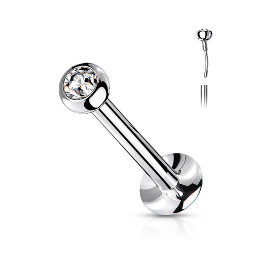 Push In Jeweled Dome Top Surgical Steel Threadless Labret Monroe Flat Back Stud, silver-colored labret with jeweled dome top and flat back design.