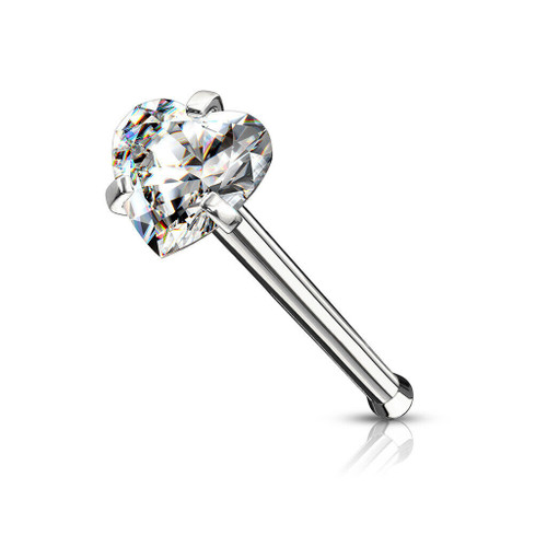 Solid 925 Sterling Silver heart-shaped nose bone stud with a sparkling crystal design, 24 gauge thickness, for piercing jewelry.