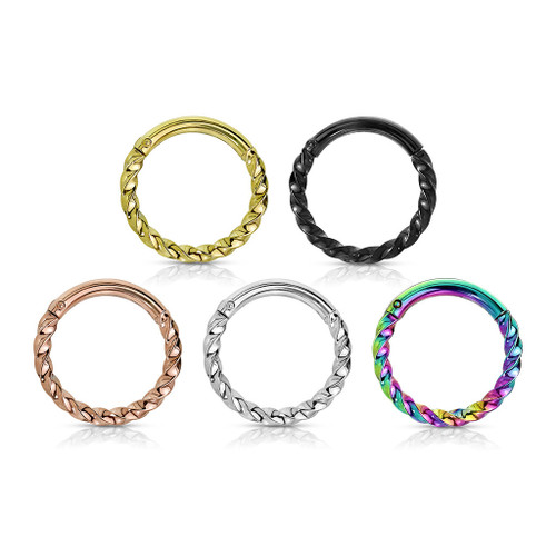 16 gauge 8mm Precision All 316L Surgical Steel Hinged Segment Hoop Rings Twisted, image of five colorful twisted hinged segment hoop rings for body piercings in gold, black, rose, silver, and rainbow colors.