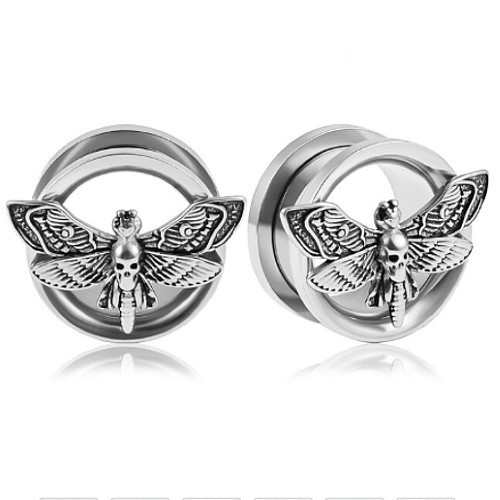 SoScene Death Moth stainless steel double flare screw back ear tunnels, silver-colored body jewelry with detailed moth design.