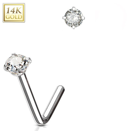 14 Karat Solid White Gold Prong Set CZ L Bend Nose Stud Ring 20 gauge, jewelry featuring a sparkling clear cubic zirconia stone set in a white gold ring with L bend design.