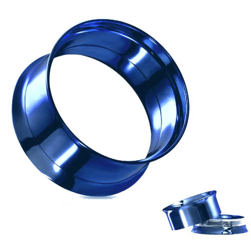 SoScene Blue Internal Threaded Ear Plugs, image showing a blue metal ear plug with internal threading and a separate screw top cap.