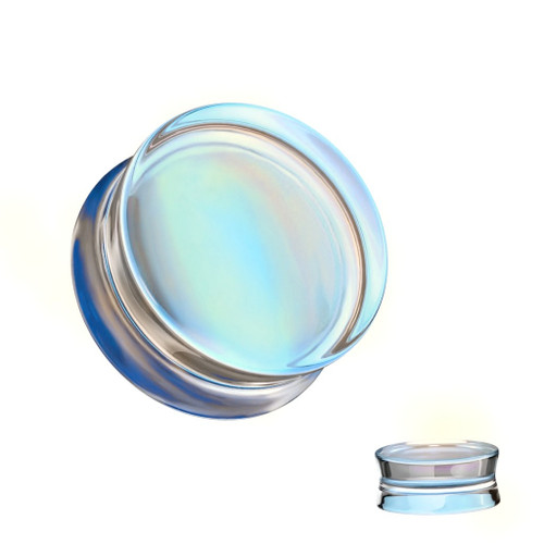 SoScene Aurora Borealis Clear Glass Double Flare Ear Plugs, iridescent and transparent glass ear plugs with a double flare design.