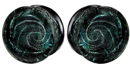 SoScene Aqua Black Sparkle Galaxy Double Flared Glass Plugs, black glass plugs with a sparkly galaxy design in aqua and black colors.