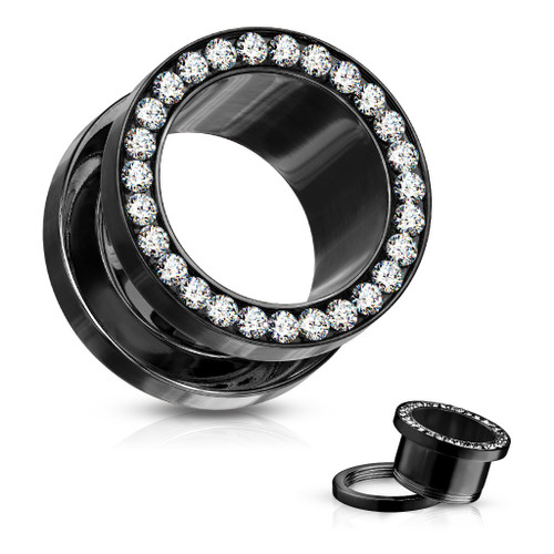 SoScene Black Titanium with Cubic Zirconia Gem Rim Screw Back Ear Gauges, black titanium ear gauges with a circular rim accented with sparkling cubic zirconia stones.