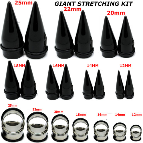 SoScene LARGE EAR STRETCHING KIT-LARGE EAR TAPER AND PLUG KIT, image of various black plastic and metal ear stretchers with sizes labeled in red.