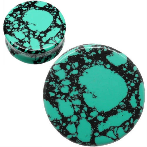 SoScene TEAL AND BLACK HOWLITE ORGANIC STONE EAR GAUGES-PAIR, teal and black patterned organic stone ear gauges in round shape.