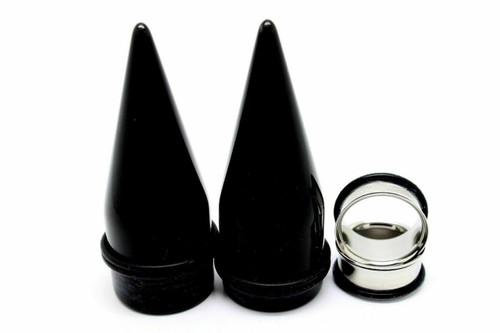 SoScene Giant Acrylic Tapers and Steel Plugs, black acrylic taper plugs with metallic steel plugs for body jewelry.
