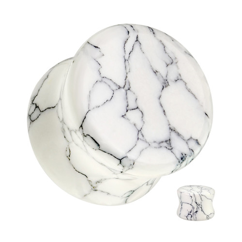 SoScene WHITE HOWLITE ORGANIC EAR GAUGES-PAIR, white and black marbled organic ear gauges with a smooth, rounded shape.