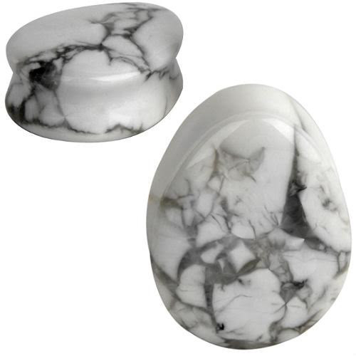 SoScene Teardrop White Howlite Stone Ear Plugs, white marble patterned teardrop-shaped ear plugs.