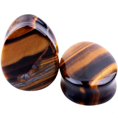SoScene Teardrop Brown Tiger's Eye Stone Ear Plugs, polished teardrop-shaped brown and black tiger's eye stone ear plugs with natural banding patterns.