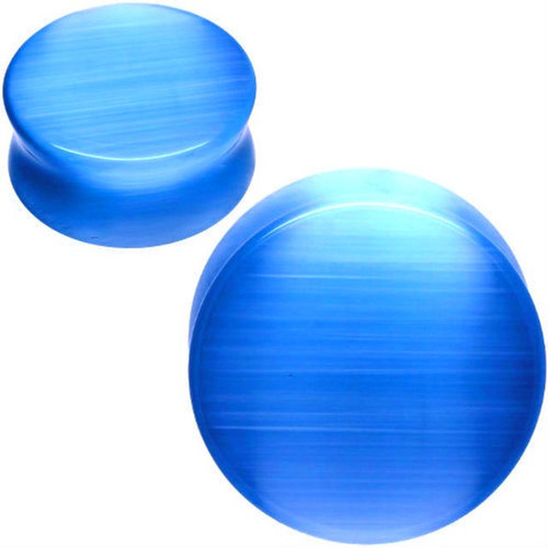 SoScene Blue Cats Eye Solid Plugs Organic Stone Ear Gauges, round blue ear gauges with a smooth, polished finish.