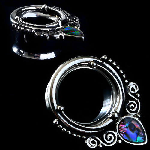 SoScene Ornate Swirl Oval Abalone Stainless Steel Double Saddle Tunnels, close-up view of silver-toned body with decorative swirl design and colorful abalone stone accents.