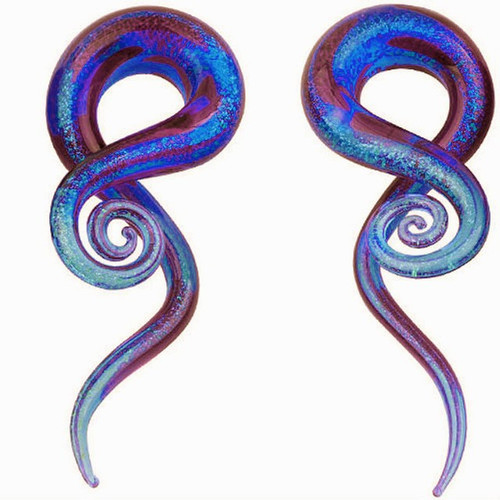 SoScene Dichroic Glass Fire and Ice ear spiral taper hangers, colorful and decorative ear jewelry with a spiral shape and vibrant multicolored dichroic glass design