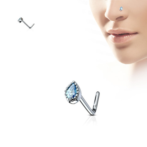 SoScene AQUA Blue gem Teardrop 316L Surgical Steel L bend Nose Stud Ring, blue teardrop-shaped gem with surrounding crystals on a surgical steel L bend nose stud ring.