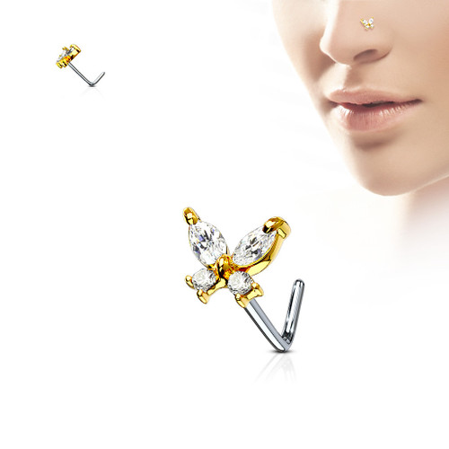 SoScene Gold Butterfly clear gem 316L Surgical Steel L bend Nose Stud Ring, featuring a butterfly design with sparkling clear gems on a sterilized surgical steel L bend nose stud ring.