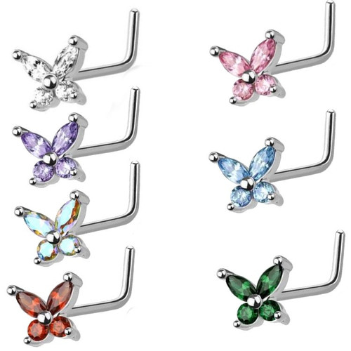 SoScene Butterfly cubic zirconia gem 316L Surgical Steel L bend Nose Stud Ring, colorful butterfly design nose jewelry with Swarovski crystals.