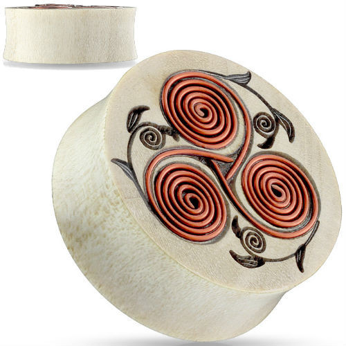 SoScene Copper Swirl Floral Design Saddle Fit Organic Plug Tunnel, round ear gauge with copper swirl floral pattern and cream-colored organic material.