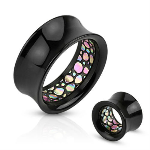 SoScene Rainbow Abalone Spotted Pattern Inlaid Black Acrylic Saddle Fit Ear Tunnel, black acrylic ear tunnel with colorful abalone spotted inlay design.