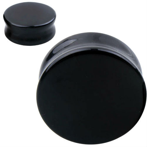 SoScene Solid Round Black Obsidian Stone Ear Plugs, close-up of black round ear plugs made from polished obsidian stone.