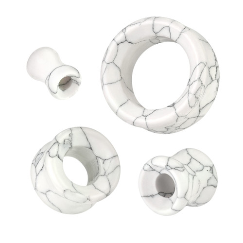 SoScene Hollow White Howlite Ear Plugs, set of white marble-patterned ear piercings and plugs for stretched ears.