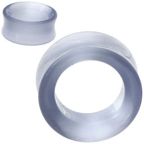 SoScene Silver Grey Cats Eye Hollow Tunnel Organic Stone Ear Gauges, close-up of a round, hollow, organic stone ear gauge with a silver grey color and smooth finish.