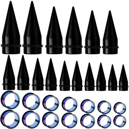 SoScene Rainbow Titanium Plugs Large acrylic taper ear stretching kit, featuring multiple black taper plugs and matching rainbow titanium retaining rings for ear stretching.