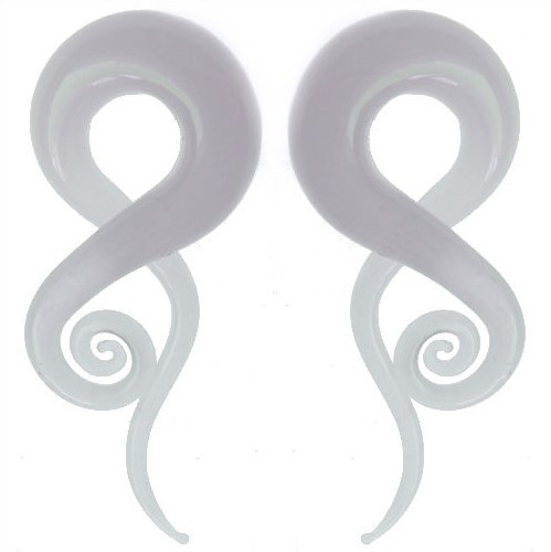 SoScene White Opalite Glass Spiral Ear Taper Hanger, two white spiral-shaped ear taper hangers made of opalite glass.