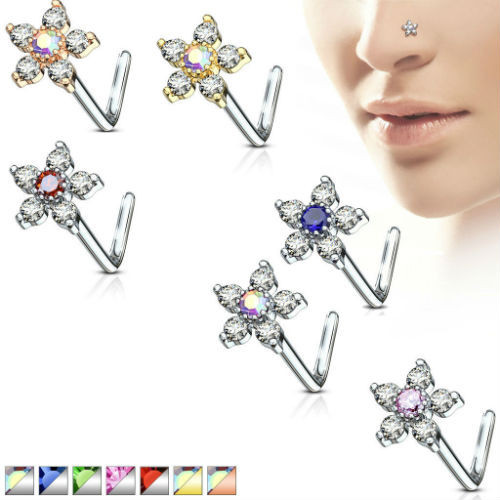 Nose L-Bend Ring Stud 20g 316 L Surgical Steel Stud with 6 CZ Flower Gem, jewelry image showing multiple colored flower-shaped nose studs suitable for nose piercings.
