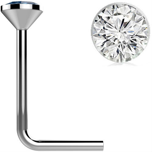 SoScene .925 Sterling Silver Clear Gem Crystal L Bend Nose Stud Ring, close-up of the nose stud with a clear gem crystal and a side view of the L bend ring.
