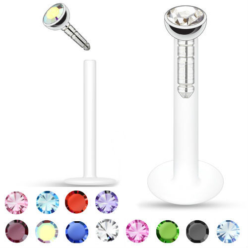 2MM Gem Labret Monroe lip stud Piercing 16g Press Fit CZ Bioflex Push In, detailed view of a decorative lip piercing with a multi-faceted gem in a silver-tone setting and accompanying color options at the bottom.
