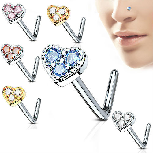 L-Bend 20g Nose Ring Stud Screw CZ Gem Paved Heart CZ Gem 316L Surgical Steel, image showing various geometric-shaped nose rings with colorful CZ gems in a heart design.