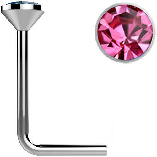 SoScene .925 Sterling Silver Pink Gem Crystal L Bend Nose Stud Ring, close-up of the pink crystal gemstone and the L-shaped nose ring.
