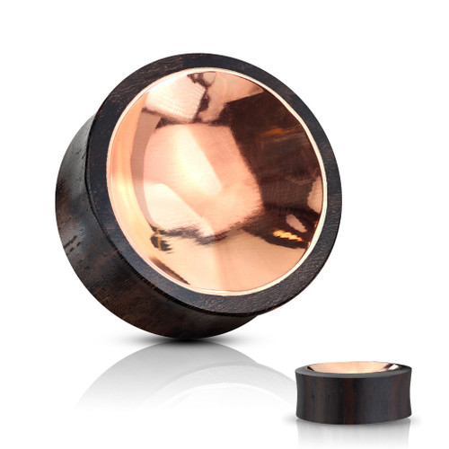 SoScene Organic Sono Wood Saddle Plug with Concave Copper Center, product image showing a black wooden saddle plug with a polished copper concave center on both sides for body piercing jewelry.