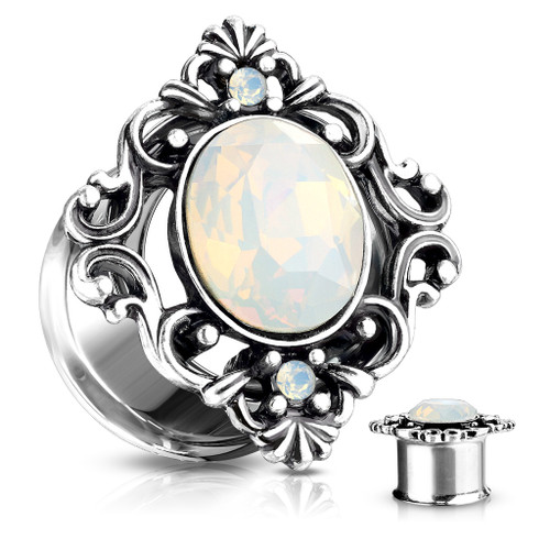 Filigree Oval white opal 316L Surgical Steel Double Flared Tunnels