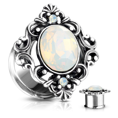 SoScene Filigree Oval white opal 316L Surgical Steel Double Flared Tunnels, ornate silver ring with an oval white opal centerpiece and decorative accents.