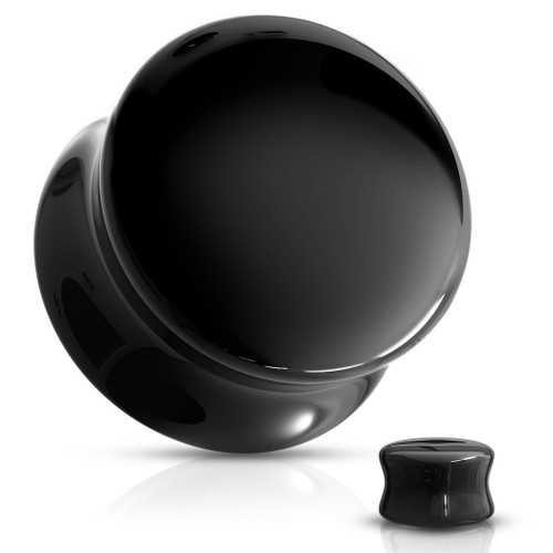 SoScene Black Glass Double Flare Plugs, glossy black double flare ear gauges with one piece design.
