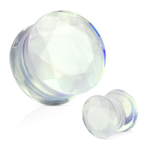 SoScene Faceted Face Double Saddle Opalite Stone Ear Plugs, clear faceted gemstone ear plugs with a double saddle design