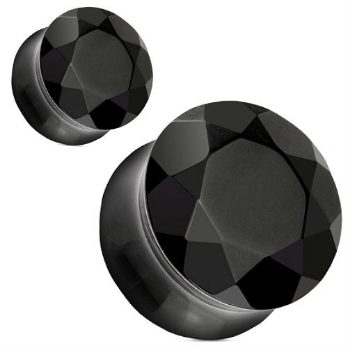 SoScene Faceted Face Black Agate Double Saddle Stone Ear Plugs, close-up image of black agate stone earrings with a faceted surface and double saddle design.