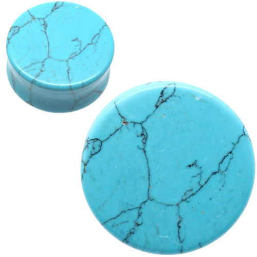 SoScene Turquoise Stone Plugs, image showing round turquoise ear plugs with black veining on a white background
