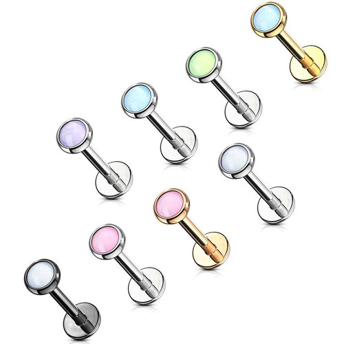 Reflective Stone Medusa Labret Stud Helix Tragus Cartilage 16 gauge Monroe, colorful piercing jewelry with gemstone accents in various colors including blue, green, pink, purple, and white for ear cartilage and facial piercings.