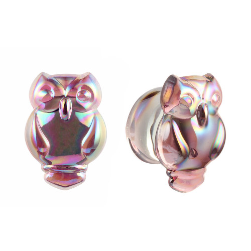 SoScene Owl Lavender clear Iridescent Glass Double Flare Ear Plugs, pair of decorative gender-neutral ear plugs with an owl design in iridescent lavender glass.