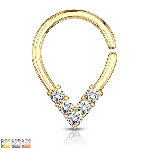 Pear Shaped Bendable 5 CZ Lined Cut Ring for Cartilage, Tragus, Septum, and More, gold-colored ring with embedded sparkling cubic zirconia stones.