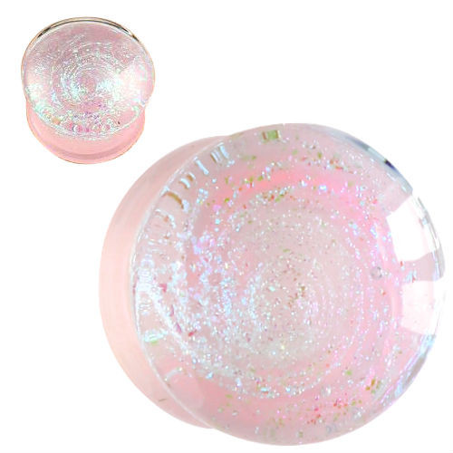 SoScene Pink Sparkle Galaxy Double Flared Glass Plugs, pink double flared ear plugs with glittery galaxy design and iridescent sparkle.