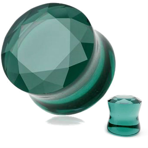 SoScene Ocean Teal Green Faceted Glass Double Flared Saddle Ear Plugs, a set of teal green, faceted glass ear plugs with a double flared saddle design for comfortable wear.