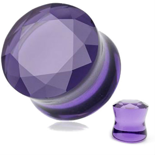 SoScene Glass Purple Faceted Double Flared Saddle Ear Plugs, view of the purple glass ear plugs with faceted surface design and double flared shape.