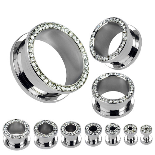 Clear Cubic Zirconia Lined Rim 316L Surgical Steel Screw Fit Flesh Tunnel
