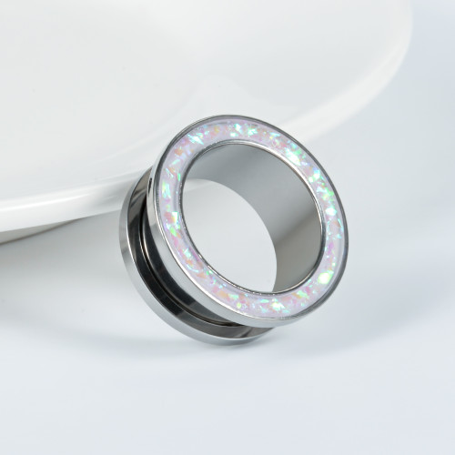 Stainless steel white opal double flare screw back ear tunnels