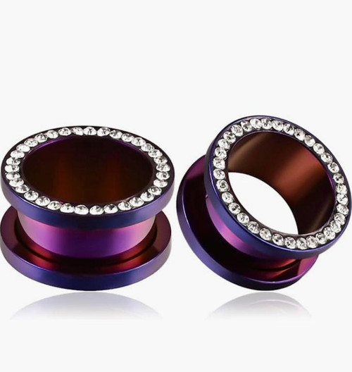 Purple tunnels clear gem rim  316L Surgical Steel Screw Fit Plugs